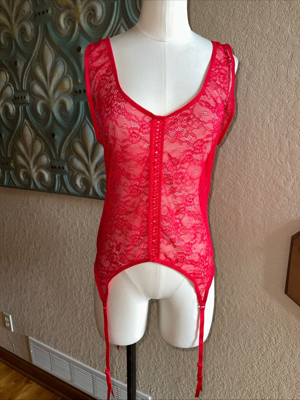 VENUS Red Lace Garter Teddy Bodysuit Lingerie Garter Straps Women’s L